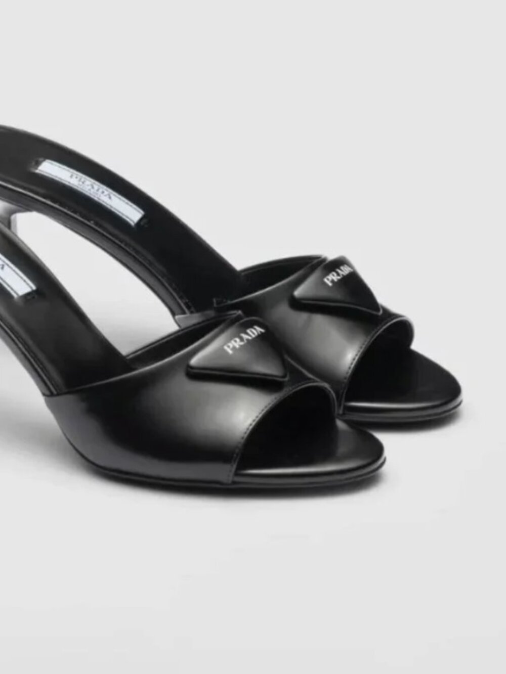 Prada Black Brushed Leather Padded Logo 75mm Open Toe Sandal Mule size 37